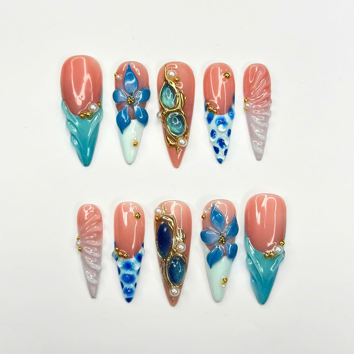 Ocean Flower Press On Nails | Mermaid Beach Nails, Blue Floral Summer Vacation Nails, Luxury Handmade Nail Set  JB440UG