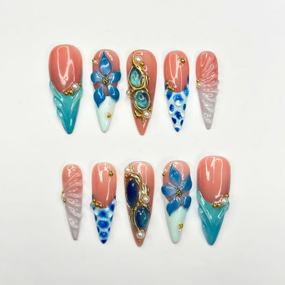 Ocean Flower Press On Nails | Mermaid Beach Nails, Blue Floral Summer Vacation Nails, Luxury Handmade Nail Set  JB440UG