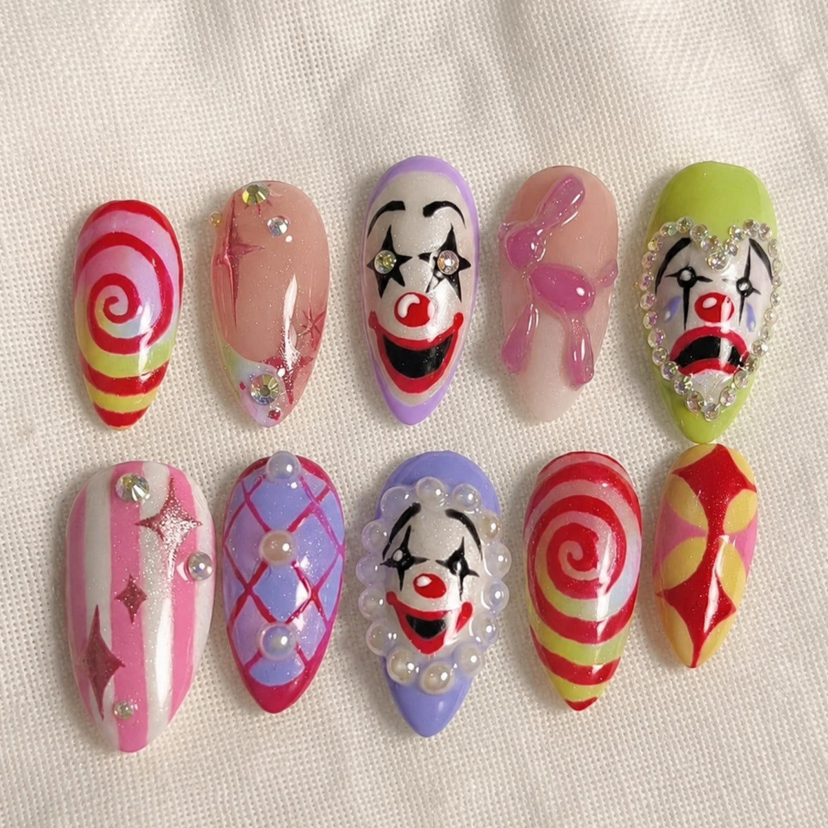 Kawaii Clown Press On Nails | Creepy Cute Circus Nails | Handmade Harlequin Nail Art