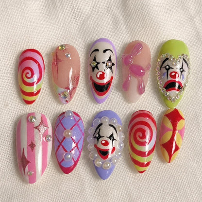 Kawaii Clown Press On Nails | Creepy Cute Circus Nails | Handmade Harlequin Nail Art