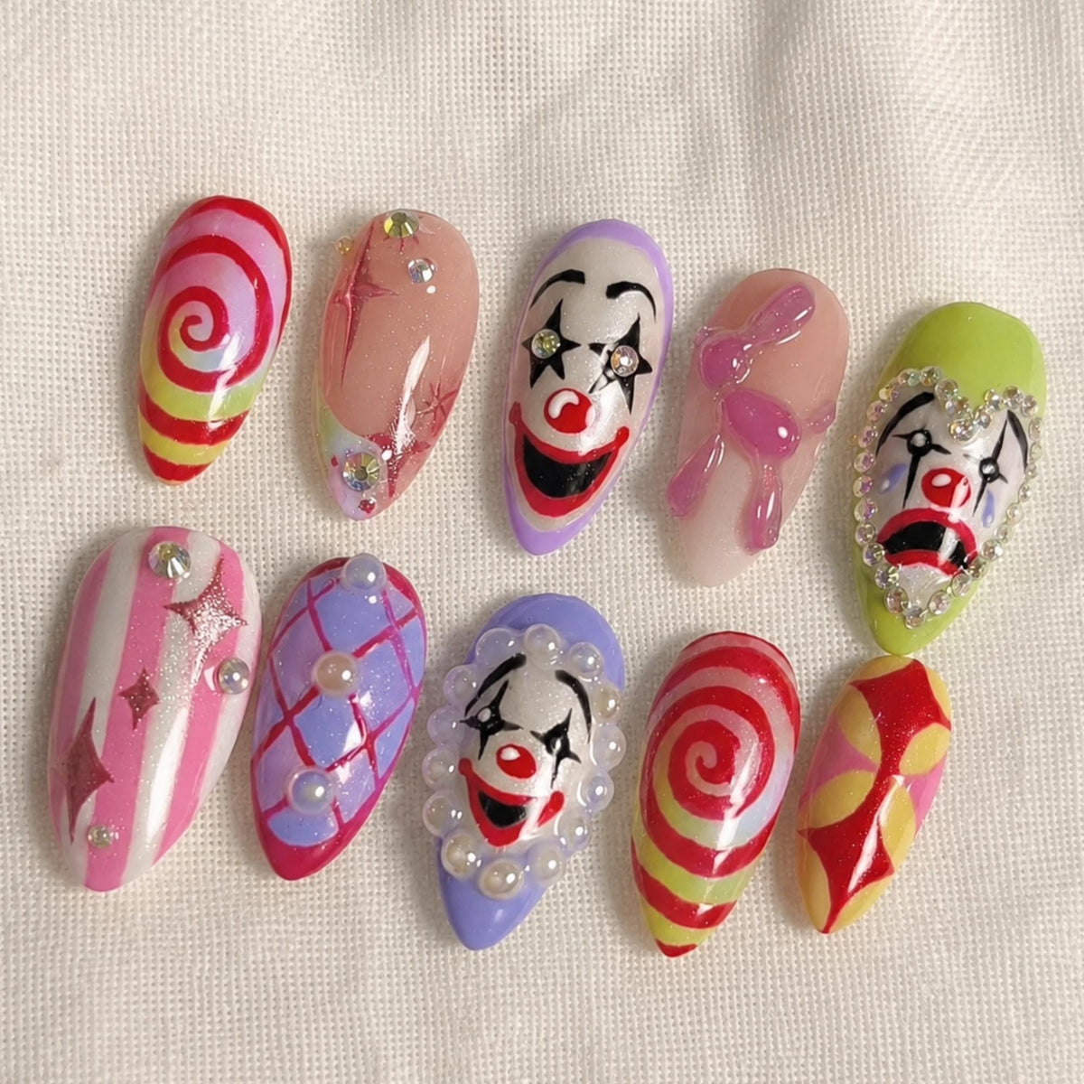 Kawaii Clown Press On Nails | Creepy Cute Circus Nails | Handmade Harlequin Nail Art