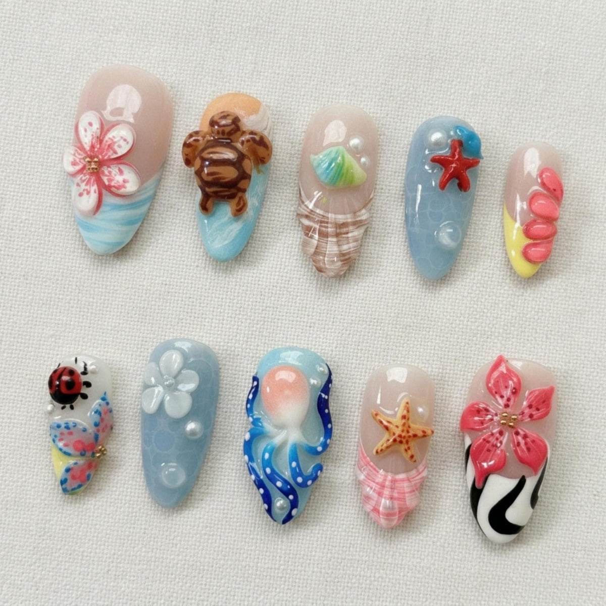 Tropical Beach Press On Nails, 3D Ocean Turtle Starfish Summer Set