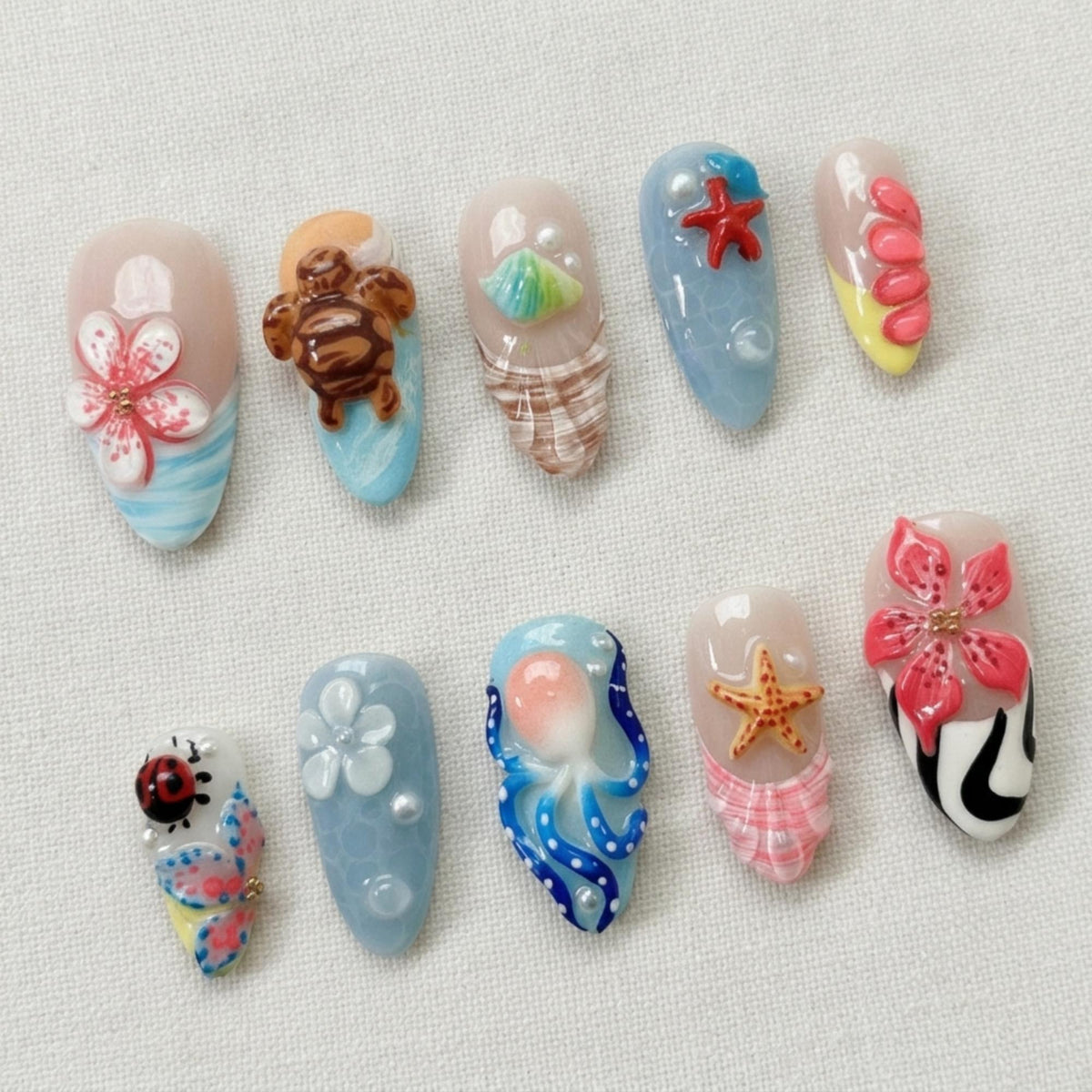 Tropical Beach Press On Nails, 3D Ocean Turtle Starfish Summer Set