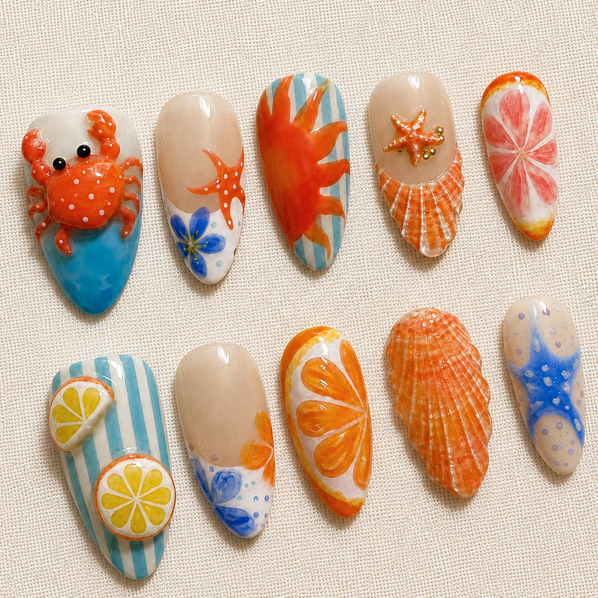 Summer Beach Press On Nails, 3D Crab Shell Starfish Citrus Nail Set