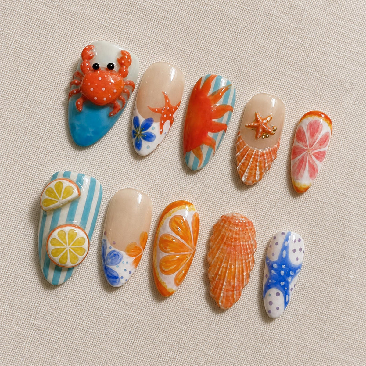 Summer Beach Press On Nails, 3D Crab Shell Starfish Citrus Nail Set