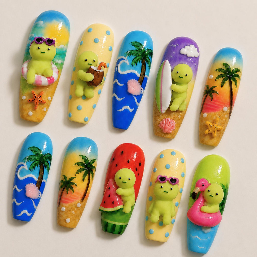 3D Character Summer Press On Nails, Beach Kawaii Nail Set, Custom Japanese Nail Art