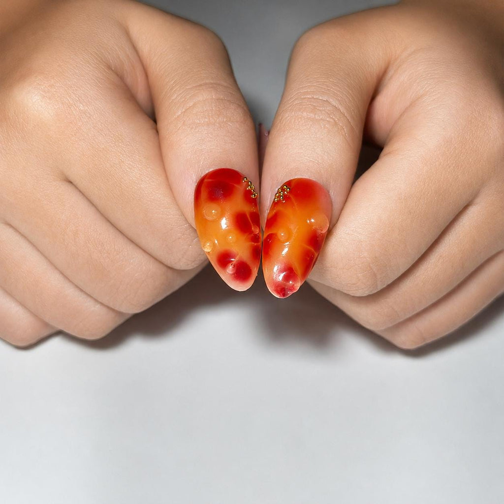 Tropical Press On Nails Almond • Summer Vacation Gift • Orange Pink 3D Hibiscus Flower Sunset Handmade Fake Nails Beach Set JB427LG