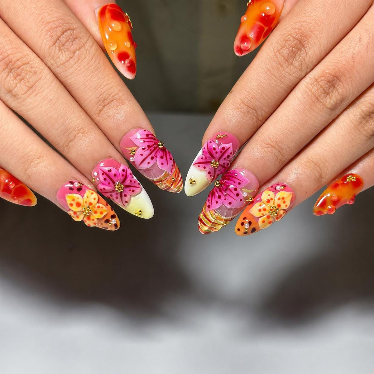 Tropical Press On Nails Almond • Summer Vacation Gift • Orange Pink 3D Hibiscus Flower Sunset Handmade Fake Nails Beach Set JB427LG