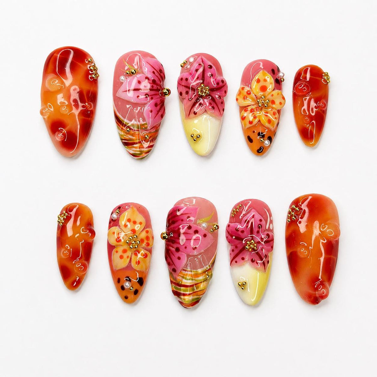 Tropical Press On Nails Almond • Summer Vacation Gift • Orange Pink 3D Hibiscus Flower Sunset Handmade Fake Nails Beach Set JB427LG