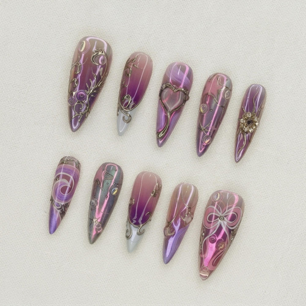 Purple Chrome Press On Nails, Fairycore Y2K Heart Nail Set