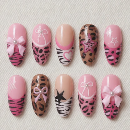 Pink Leopard Press On Nails, Coquette Bow Animal Print Nail Set