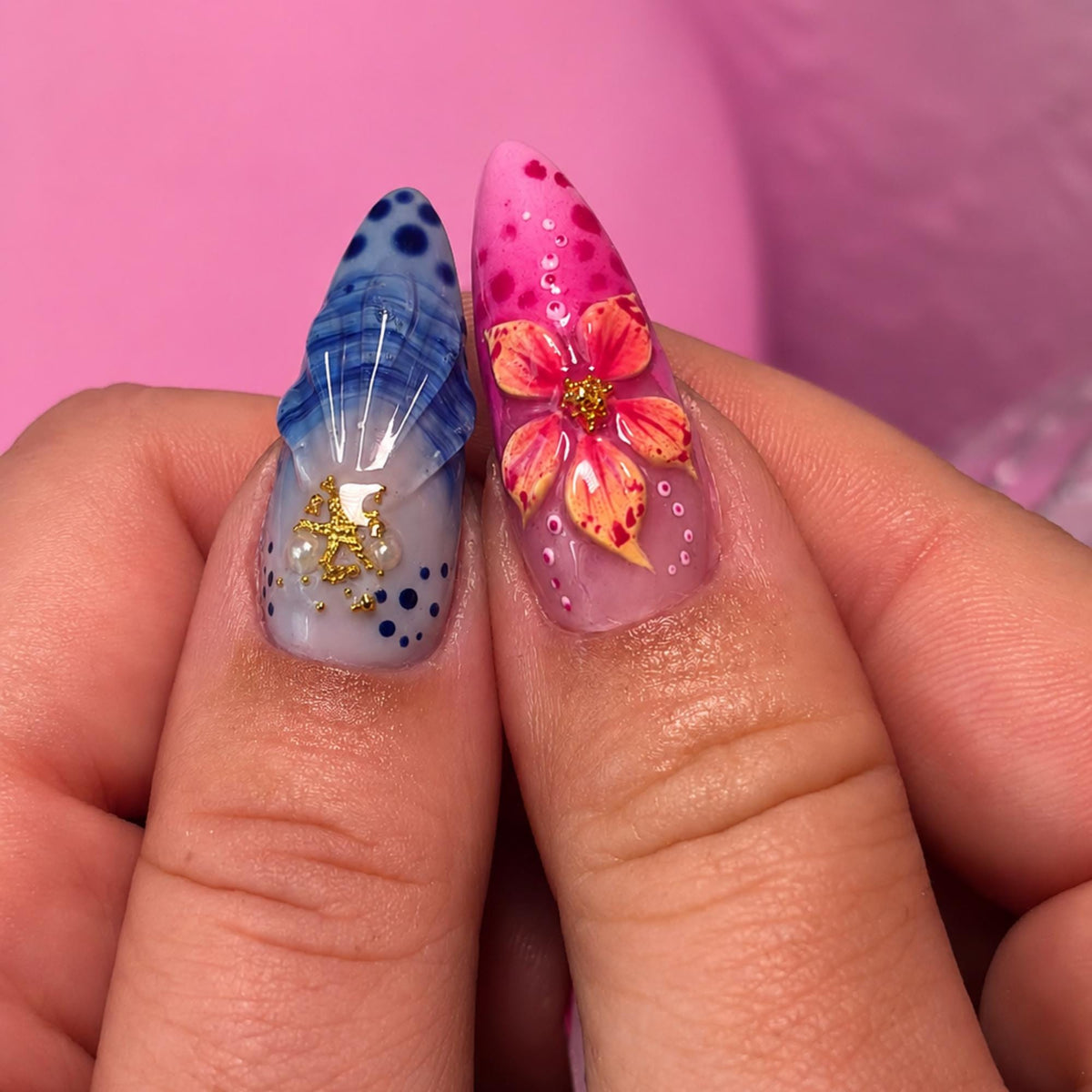 3D Jellyfish Ocean Nail Set, Tropical Hibiscus Press On Nails