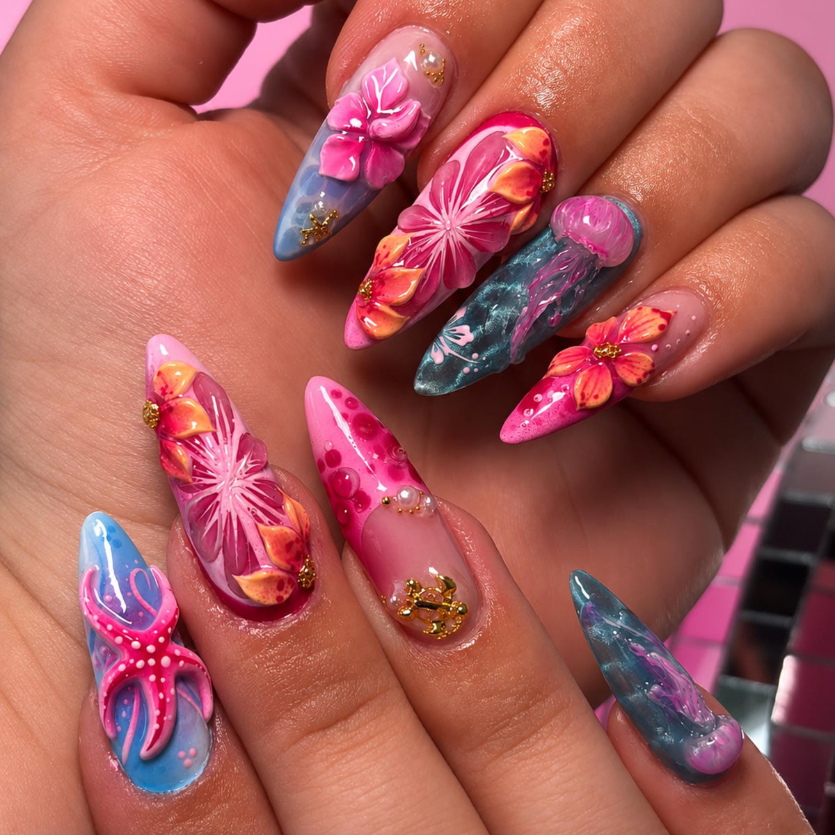 Tropical Hibiscus Press On Nails, 3D Jellyfish Ocean Nail Set