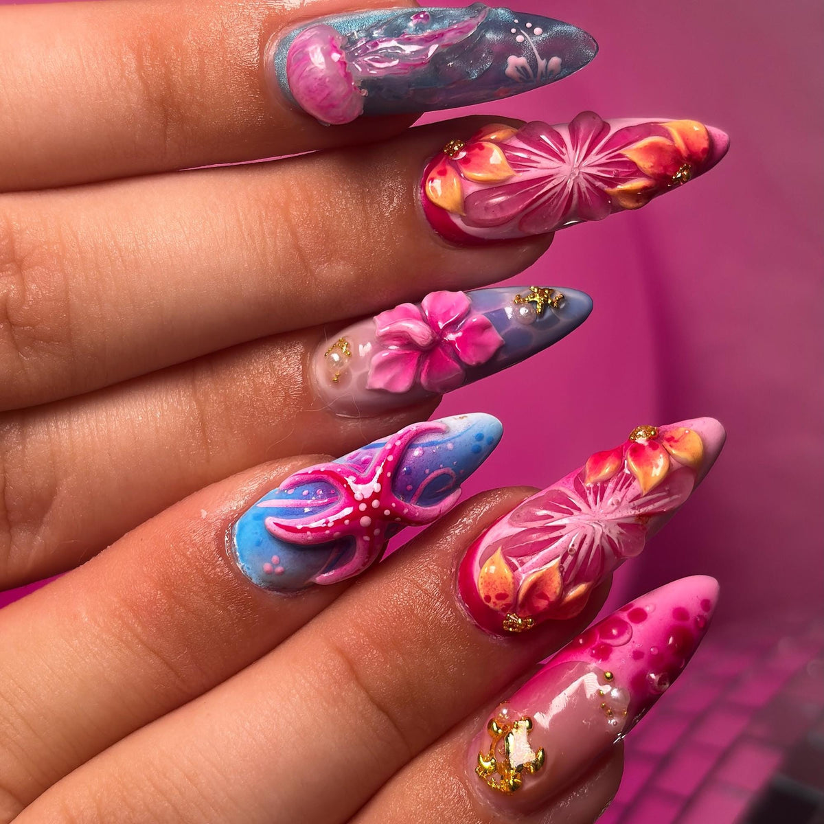 3D Jellyfish Ocean Nail Set, Tropical Hibiscus Press On Nails