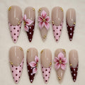 Pink Brown Press On Nails, 3D Floral Coquette Nail Art, Elegant Polka Dot Nails