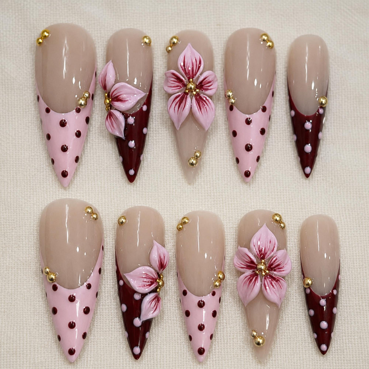 Pink Brown Press On Nails, 3D Floral Coquette Nail Art, Elegant Polka Dot Nails