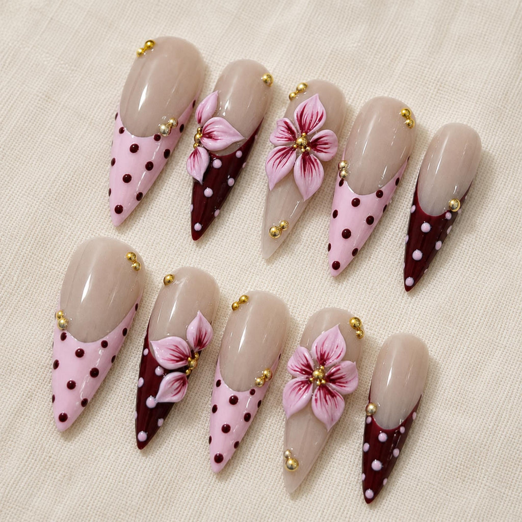 Pink Brown Press On Nails, 3D Floral Coquette Nail Art, Elegant Polka Dot Nails