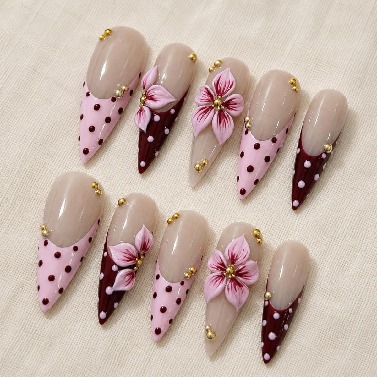 Pink Brown Press On Nails, 3D Floral Coquette Nail Art, Elegant Polka Dot Nails