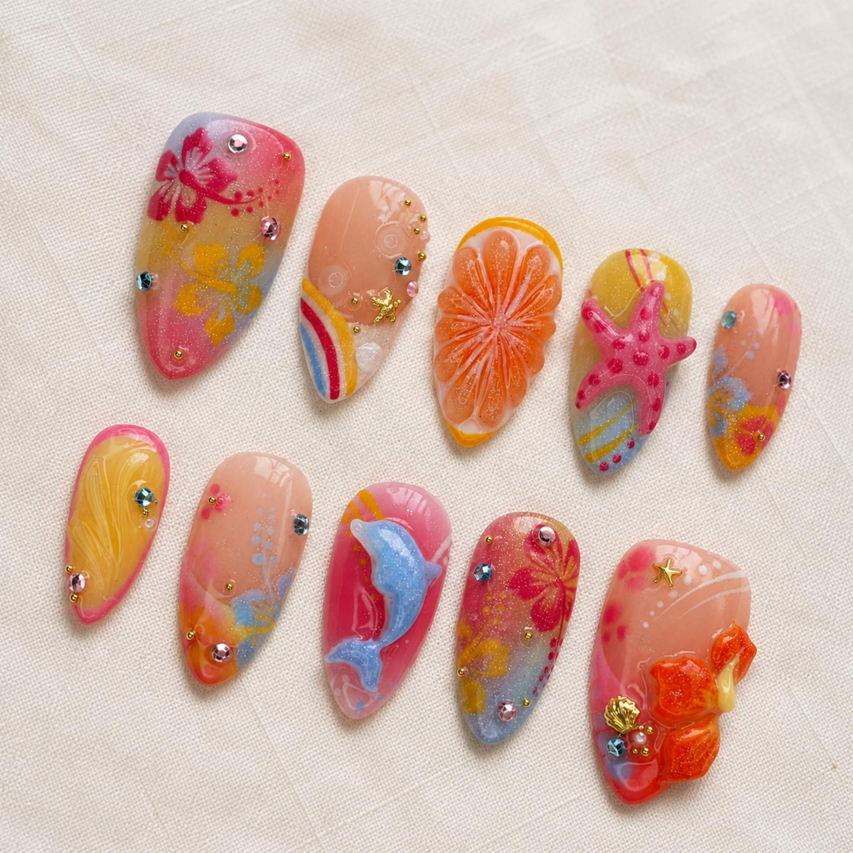 Summer Tropical Press On Nails, Beach Hibiscus Ocean 3D Gel Nails