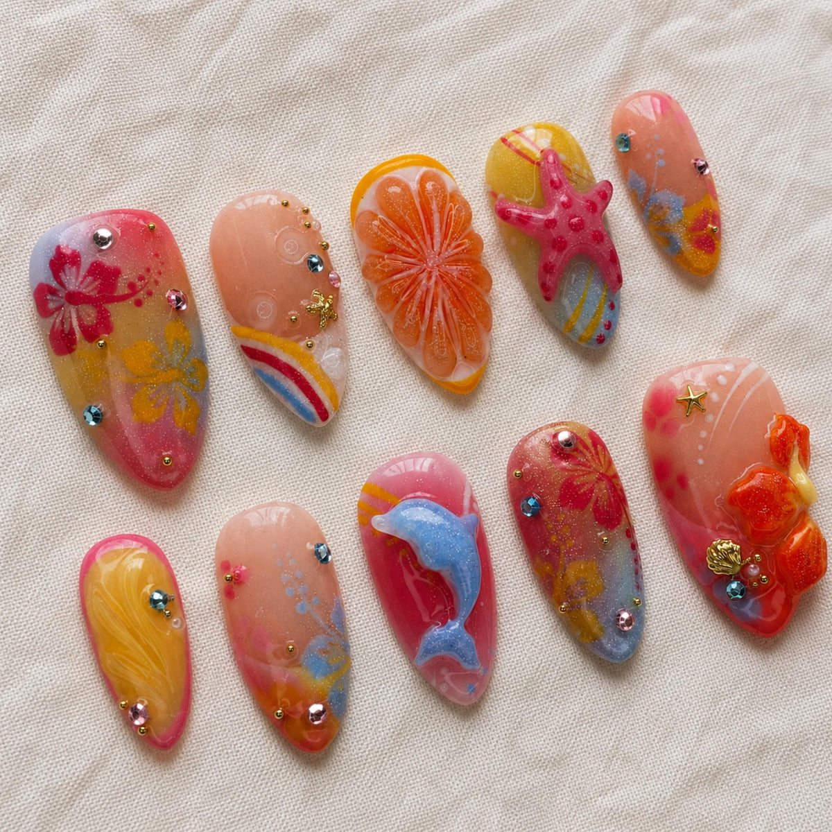 Summer Tropical Press On Nails, Beach Hibiscus Ocean 3D Gel Nails