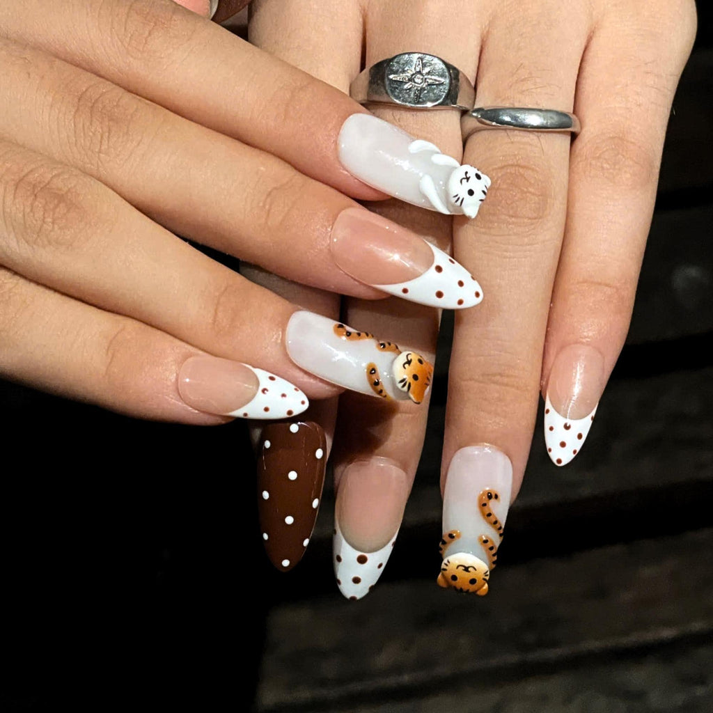 Cute Tiger Press On Nails  |  Kawaii Animal French Tip Nails  |  Brown Neutral Dot Nails  |  Handmade Almond Nail Set  | JB442U