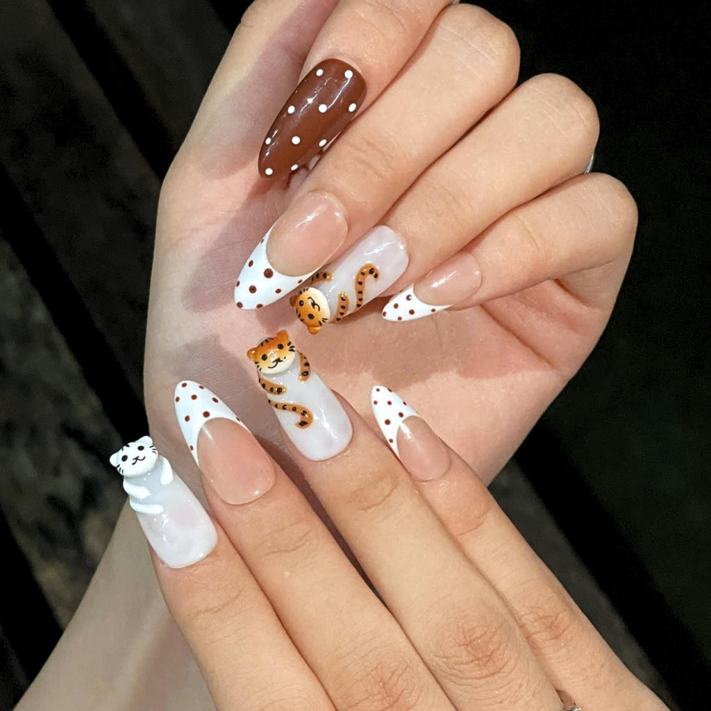 Cute Tiger Press On Nails  |  Kawaii Animal French Tip Nails  |  Brown Neutral Dot Nails  |  Handmade Almond Nail Set  | JB442U