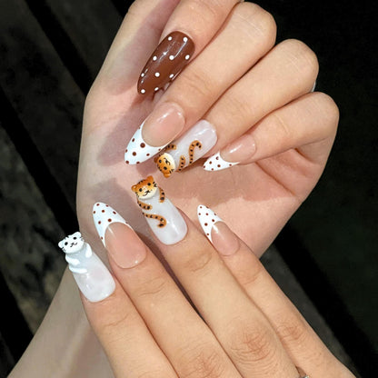 Cute Tiger Press On Nails  |  Kawaii Animal French Tip Nails  |  Brown Neutral Dot Nails  |  Handmade Almond Nail Set  | JB442U