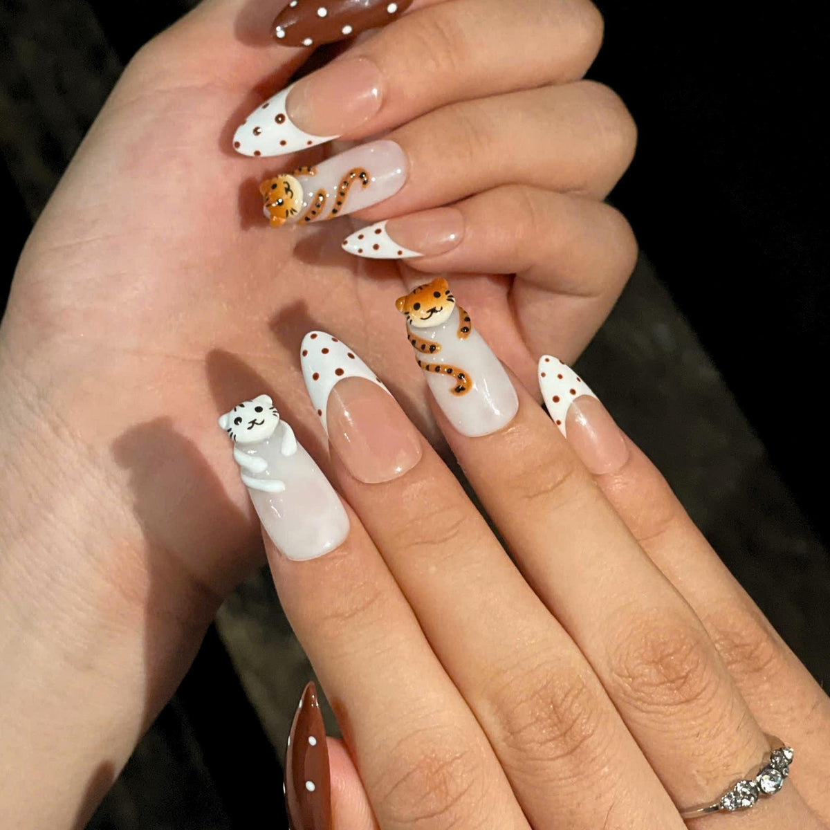 Cute Tiger Press On Nails  |  Kawaii Animal French Tip Nails  |  Brown Neutral Dot Nails  |  Handmade Almond Nail Set  | JB442U