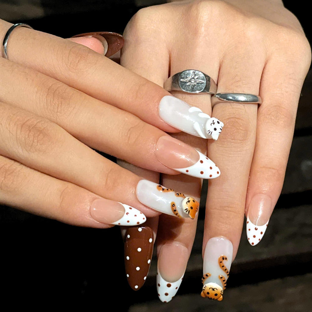 Cute Tiger Press On Nails  |  Kawaii Animal French Tip Nails  |  Brown Neutral Dot Nails  |  Handmade Almond Nail Set  | JB442U