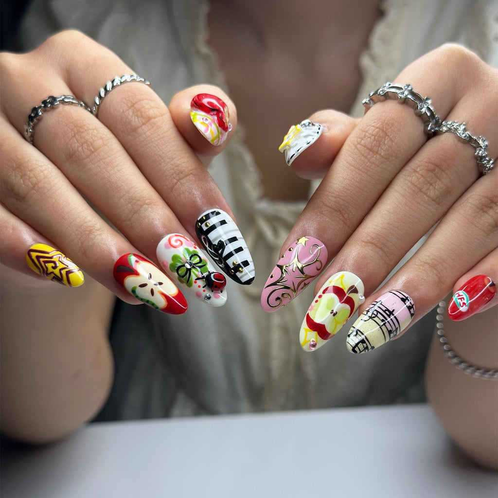 Kawaii Apple Press On Nails | Music Note Nails, Ladybug Clover Nails, Cute Storybook Nail Set, Handmade Gift for Women  JB441L