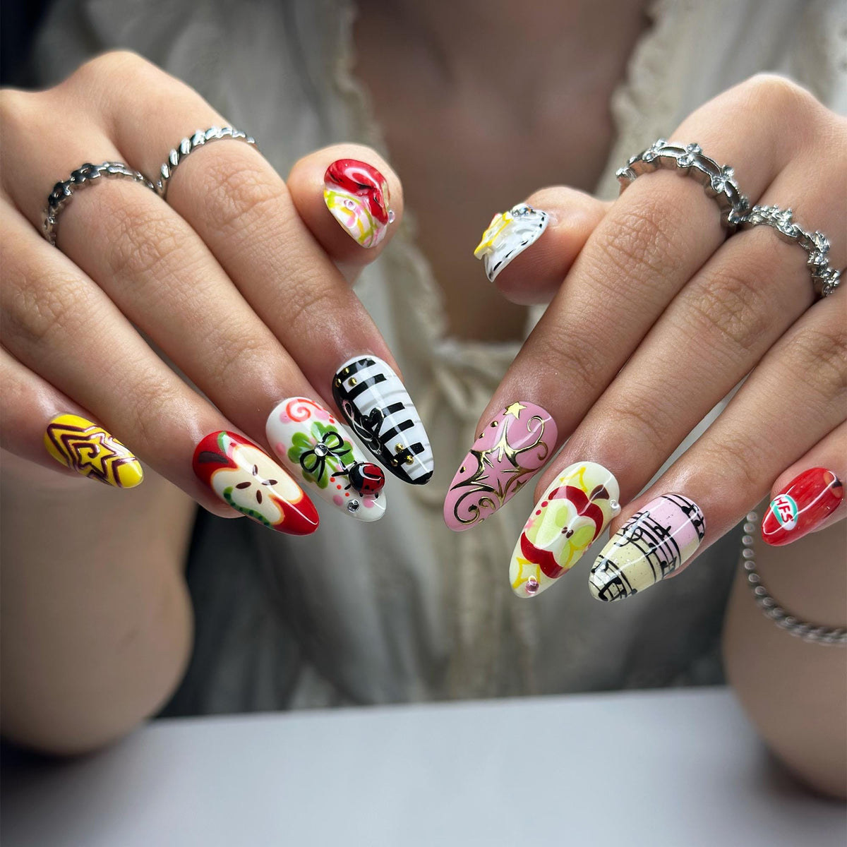 Kawaii Apple Press On Nails | Music Note Nails, Ladybug Clover Nails, Cute Storybook Nail Set, Handmade Gift for Women  JB441L