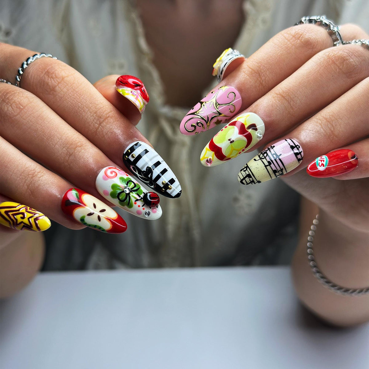 Kawaii Apple Press On Nails | Music Note Nails, Ladybug Clover Nails, Cute Storybook Nail Set, Handmade Gift for Women  JB441L