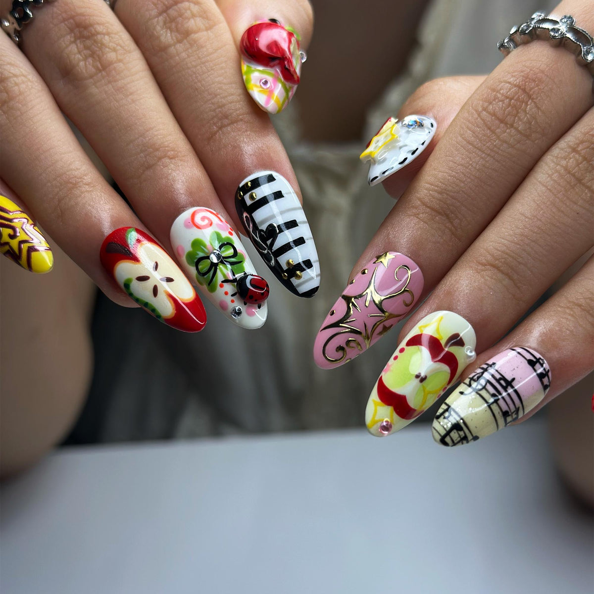 Kawaii Apple Press On Nails | Music Note Nails, Ladybug Clover Nails, Cute Storybook Nail Set, Handmade Gift for Women  JB441L