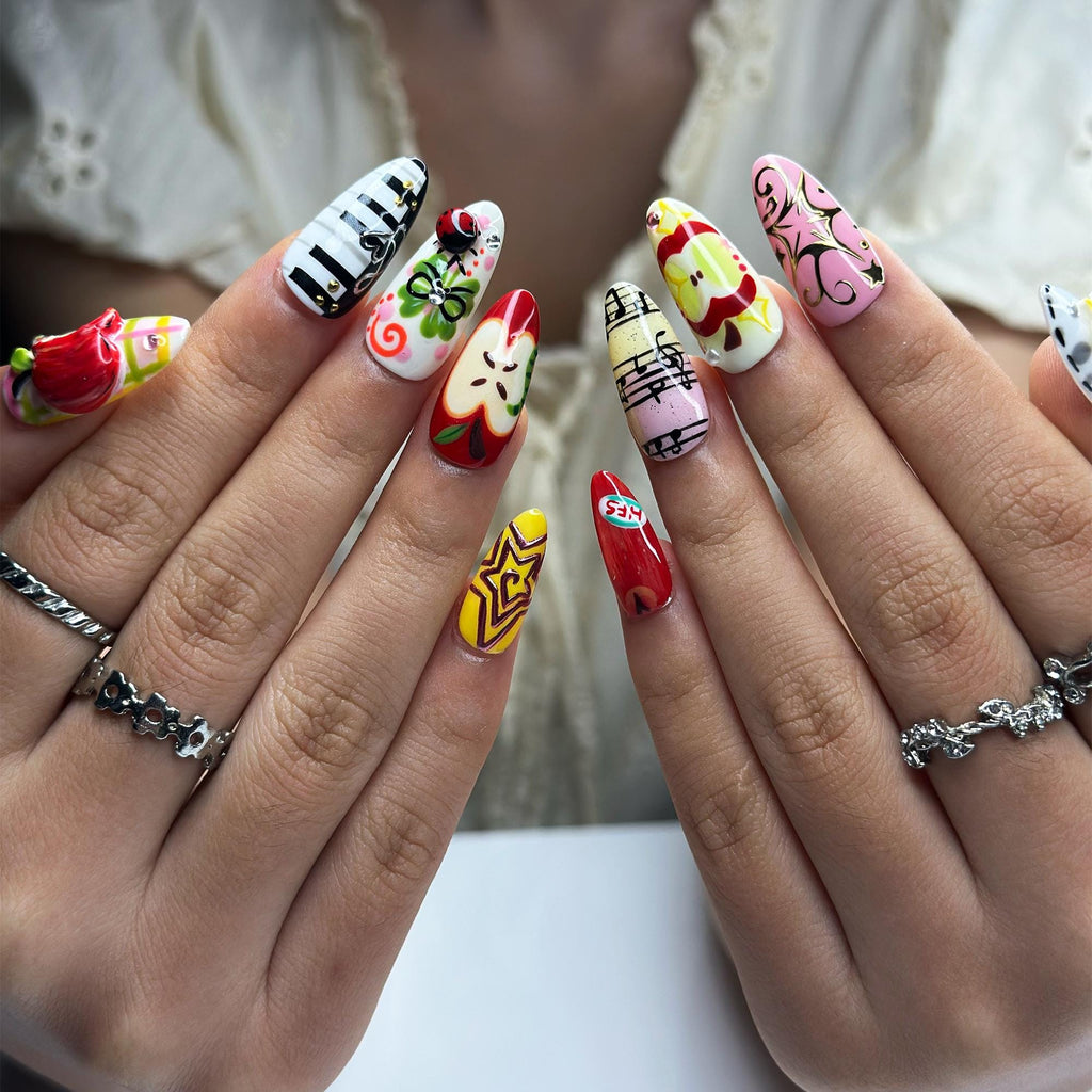 Kawaii Apple Press On Nails | Music Note Nails, Ladybug Clover Nails, Cute Storybook Nail Set, Handmade Gift for Women  JB441L