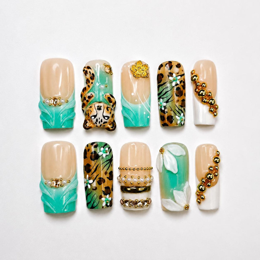 Leopard Print Press On Nails • Nude Teal Animal Print Nail Set Gold • Luxury 3D Cheetah Manicure • Vacation Safari Gift for Her • JB443Z