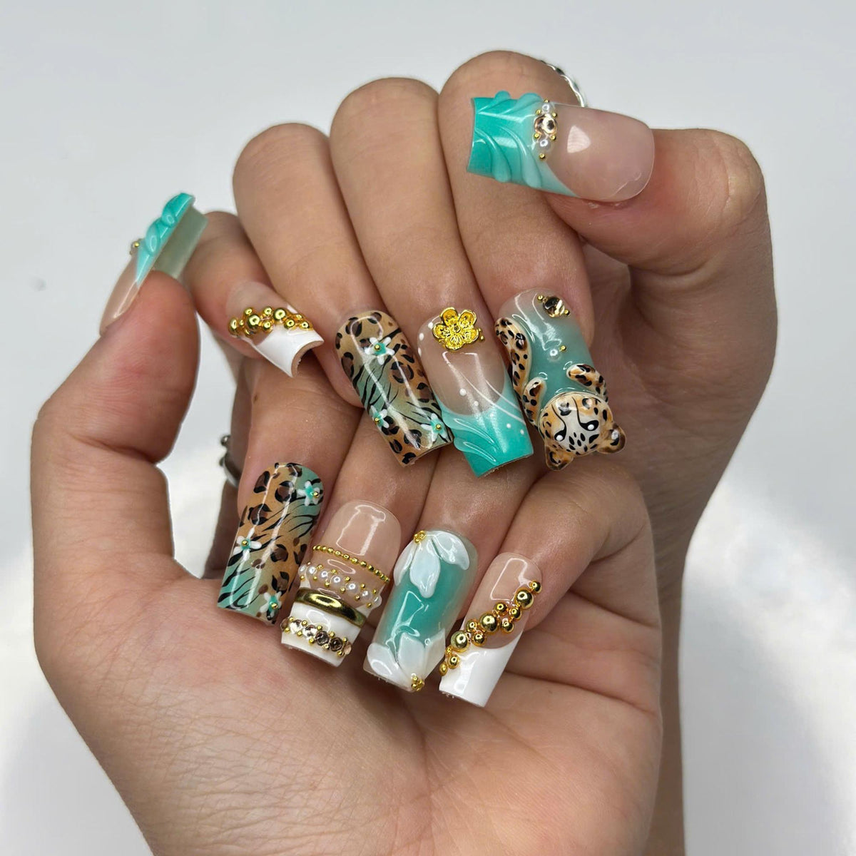 Leopard Print Press On Nails • Nude Teal Animal Print Nail Set Gold • Luxury 3D Cheetah Manicure • Vacation Safari Gift for Her • JB443Z