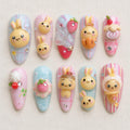 Kawaii Bunny Press On Nails, Pastel Dessert Strawberry Nail Set