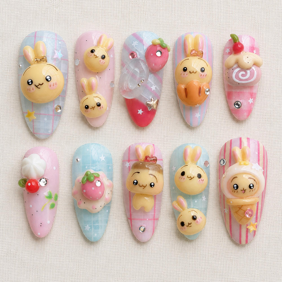 Kawaii Bunny Press On Nails, Pastel Dessert Strawberry Nail Set
