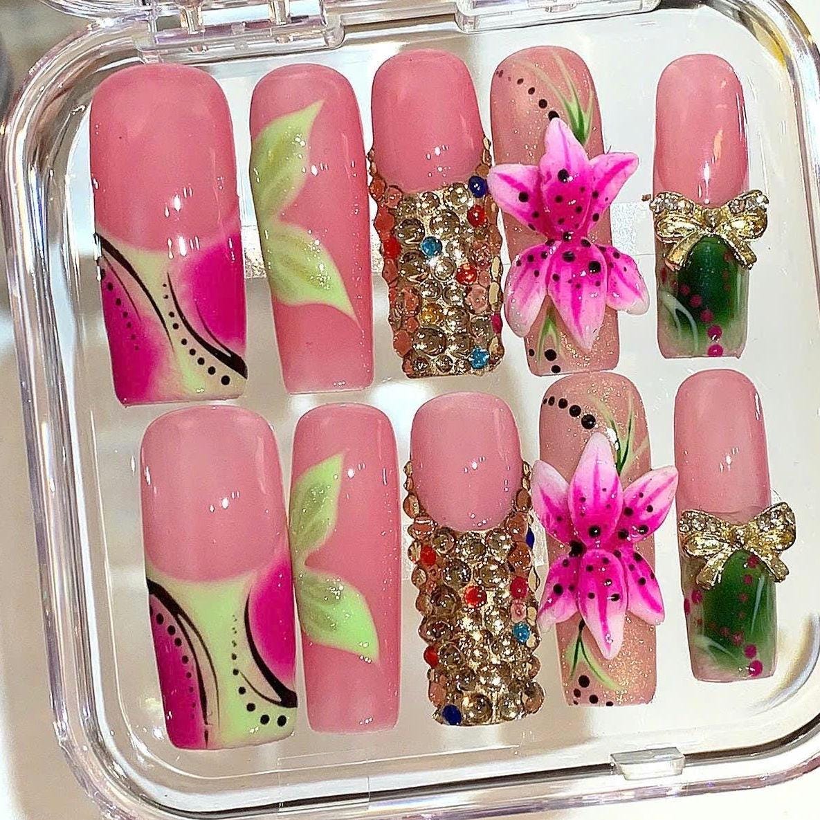 Pink Floral Rhinestone Press On Nails: 3D Flower Bow Nail Art