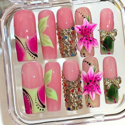 Pink Floral Rhinestone Press On Nails: 3D Flower Bow Nail Art