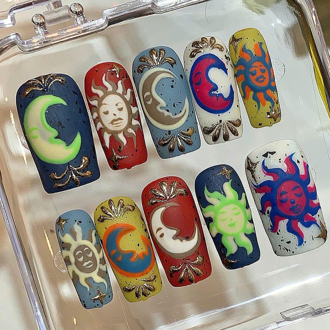 Celestial Sun & Moon Press On Nails: Hand-Painted Cosmic Boho Nail Art