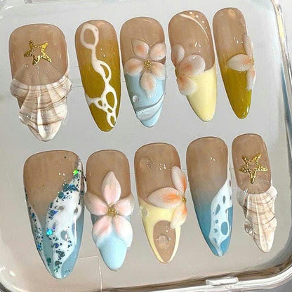 3D Ocean Press On Nails: Summer Beach Seashell Nail Art