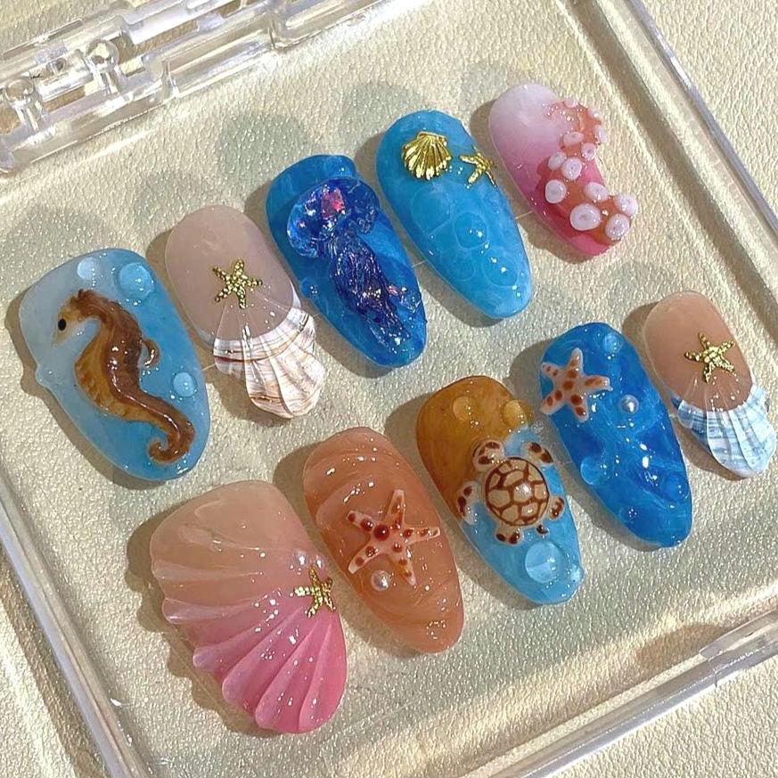 3D Ocean Press On Nails: Mermaid Beach Sea Life - Handmade Summer Nails