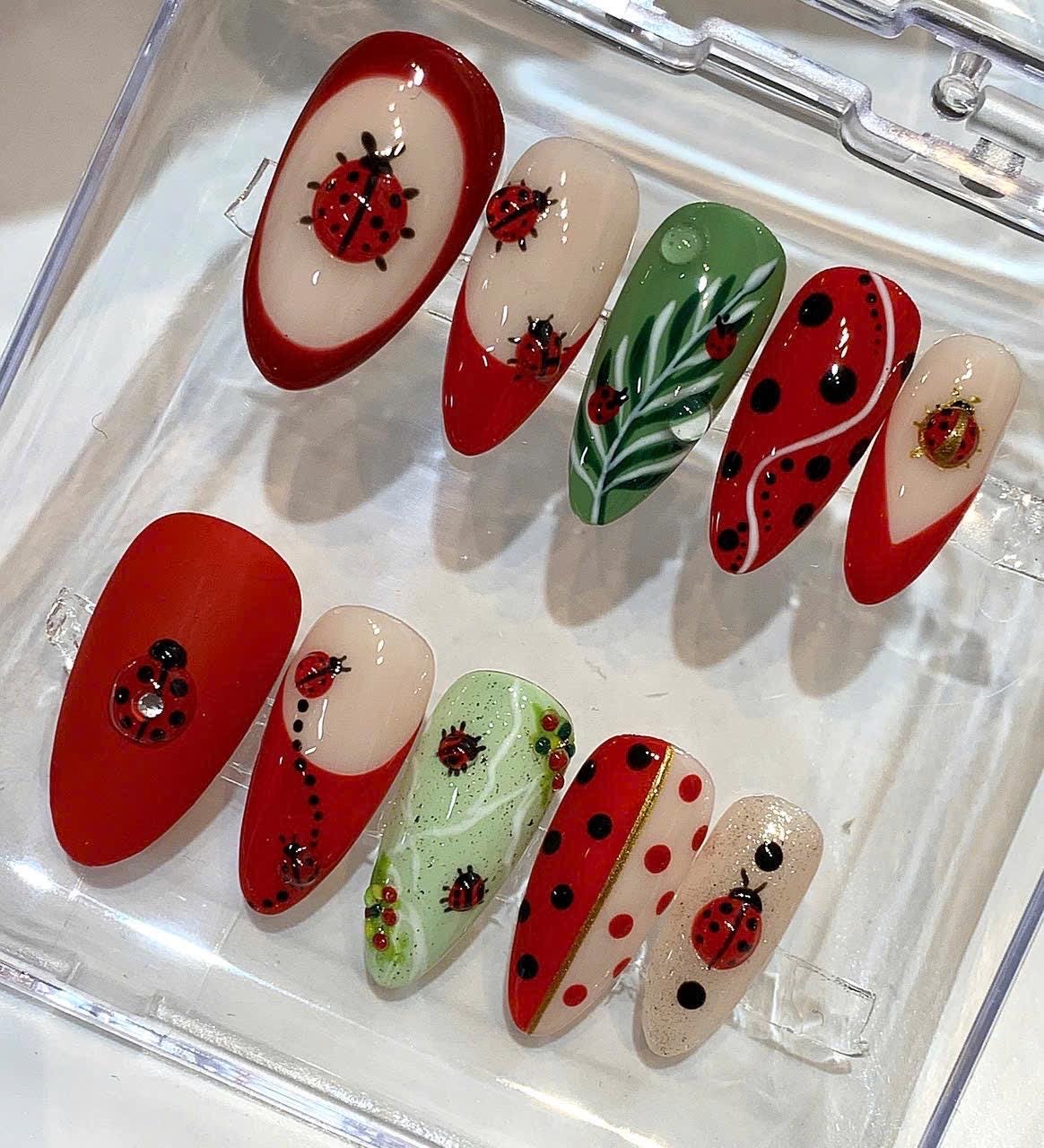 Ladybug Press On Nails | Red Green Garden Nail Art | Spring Summer Nature Inspired Set