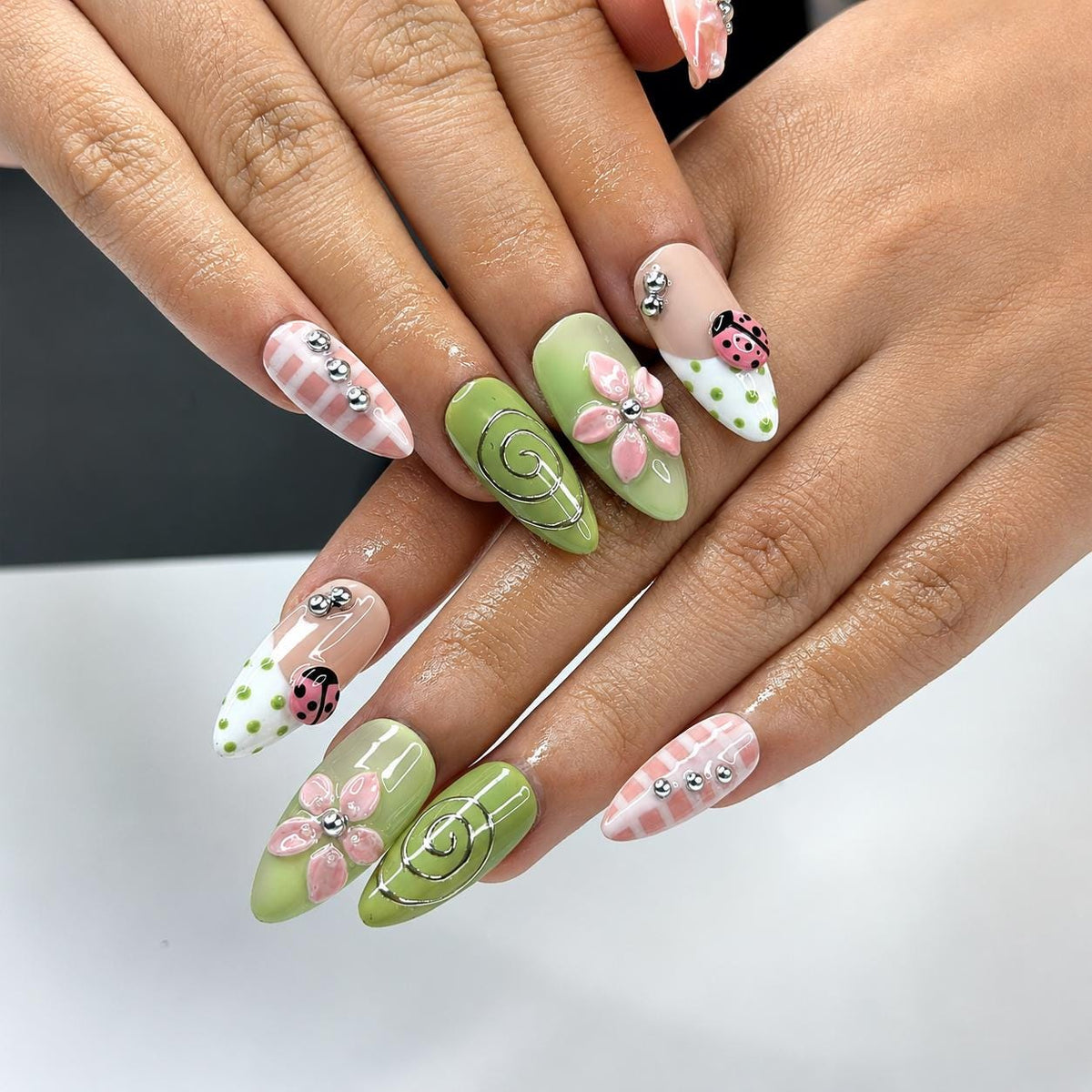 Ladybug Press On Nails Almond • Spring Garden Gift • Pink Green 3D Flower Cute Kawaii Handmade Fake Nails Reusable Set Floral Gift | JB428LG