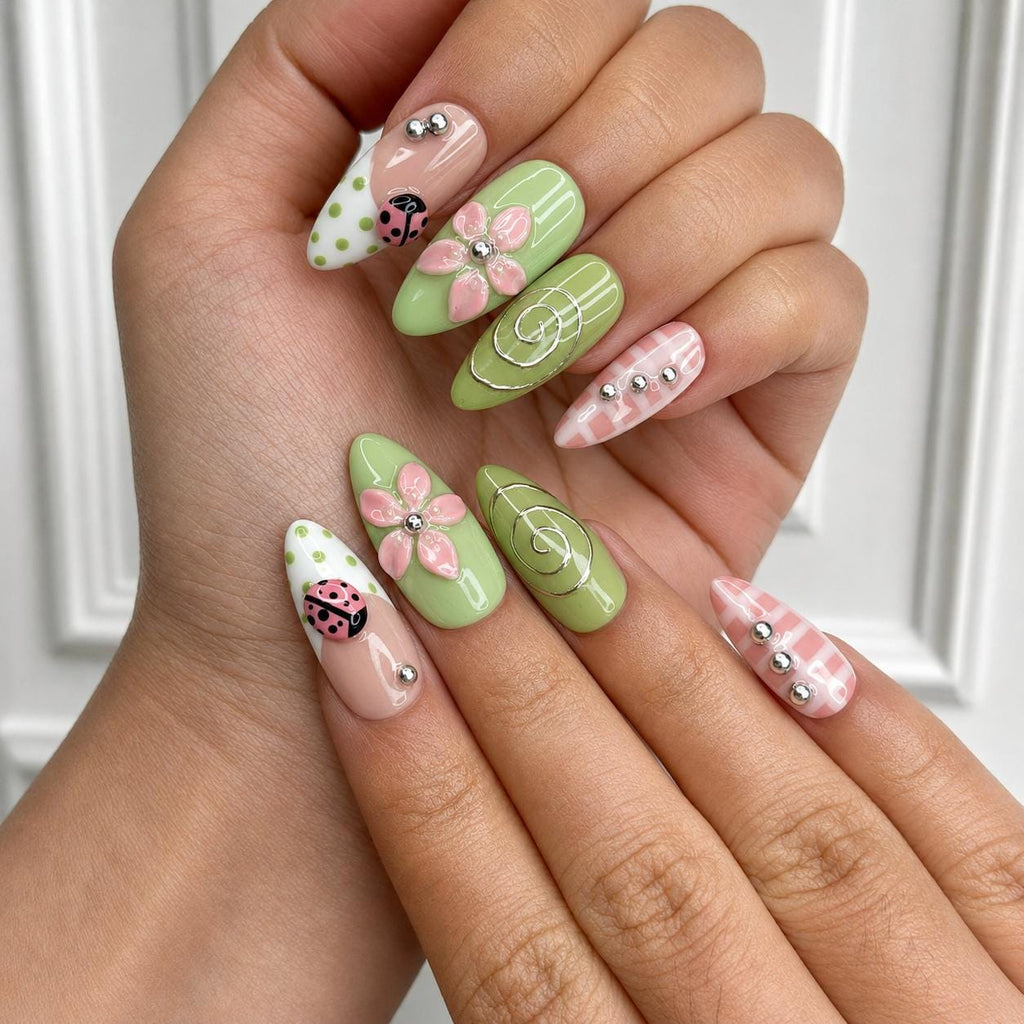 Ladybug Press On Nails Almond • Spring Garden Gift • Pink Green 3D Flower Cute Kawaii Handmade Fake Nails Reusable Set Floral Gift | JB428LG