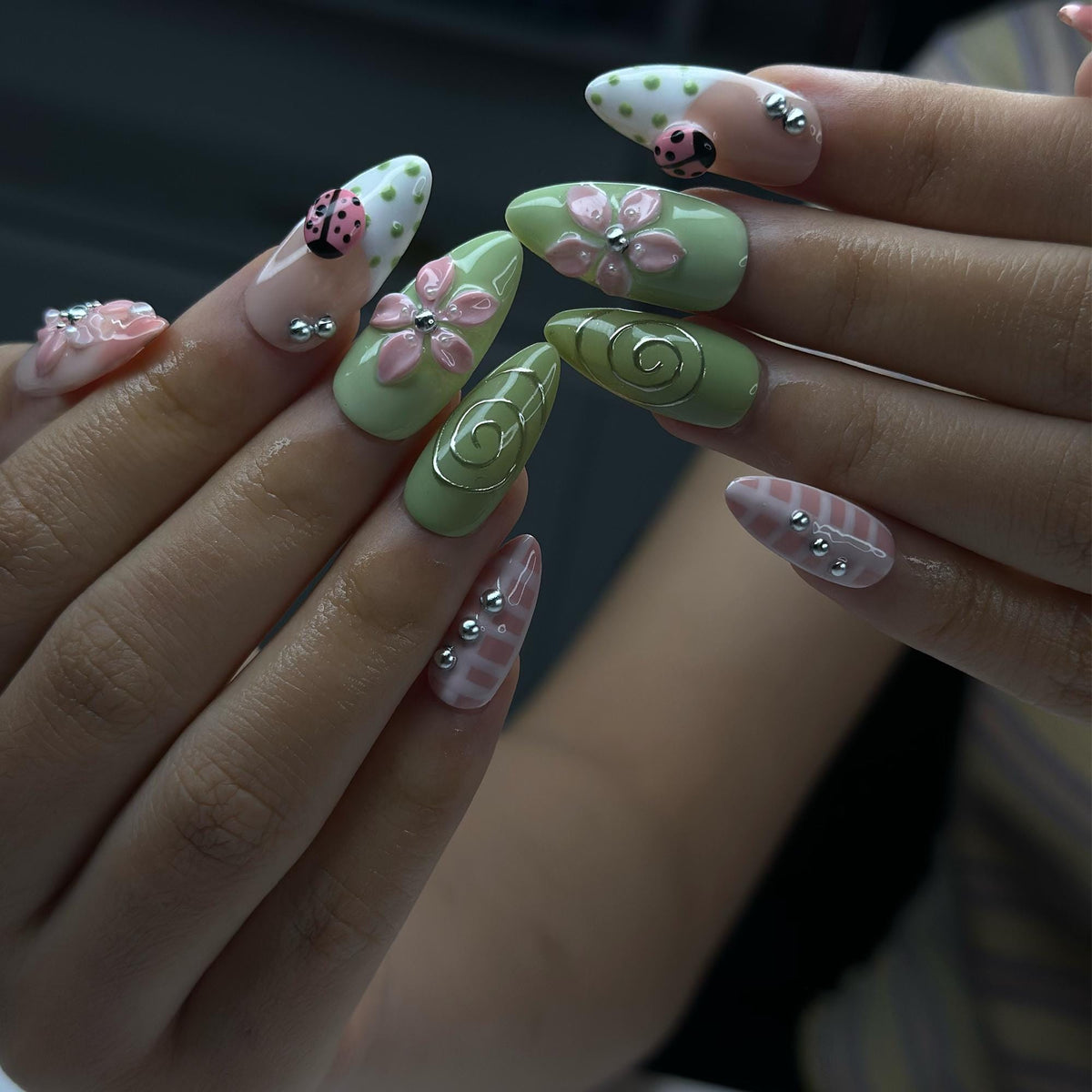 Ladybug Press On Nails Almond • Spring Garden Gift • Pink Green 3D Flower Cute Kawaii Handmade Fake Nails Reusable Set Floral Gift | JB428LG