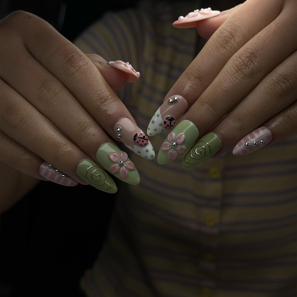 Ladybug Press On Nails Almond • Spring Garden Gift • Pink Green 3D Flower Cute Kawaii Handmade Fake Nails Reusable Set Floral Gift | JB428LG
