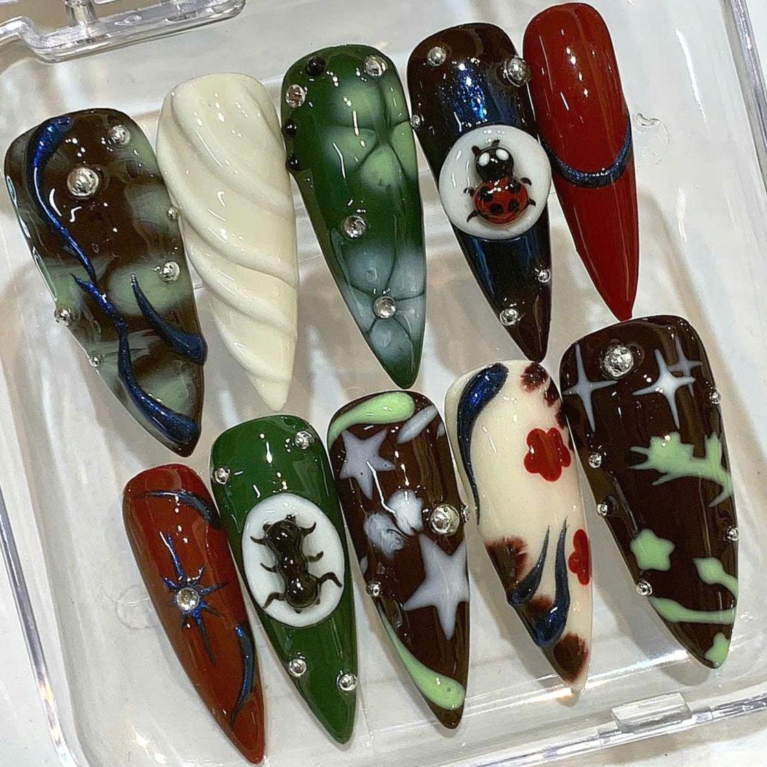 Gothic Ladybug Press On Nails: Dark Forest Bug Nail Art