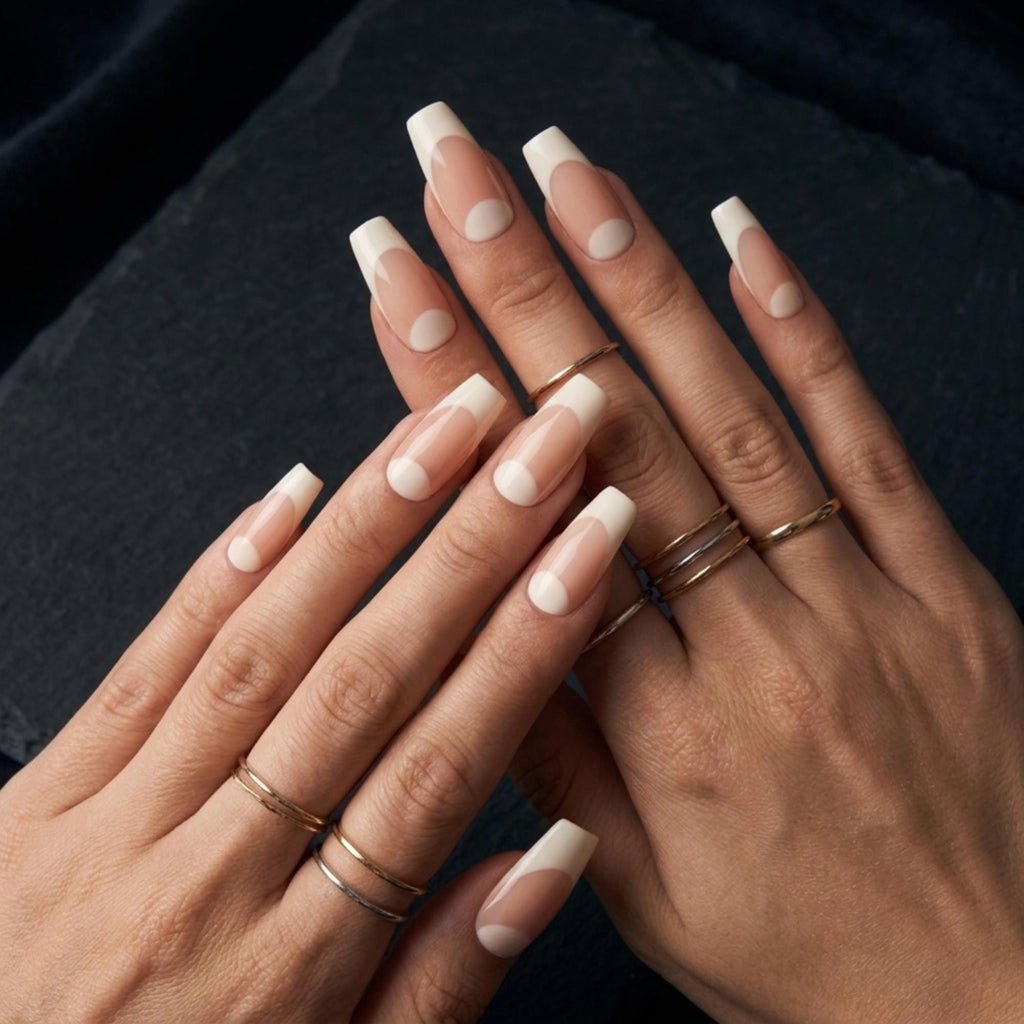 Milky White French Tip Press On Nails, Classic Nude Nail Art, Minimalist Nails
